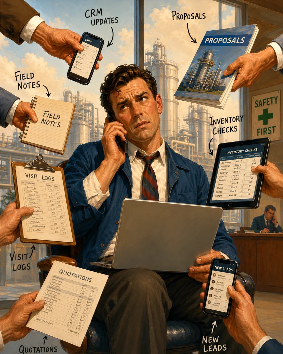 Rep juggling CRM updates, proposals, field notes, visit logs, quotations, inventory checks, and new leads