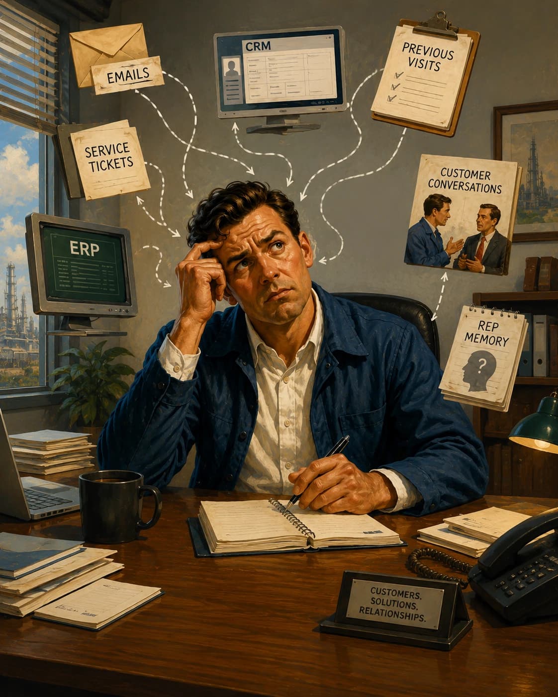Rep drowning in disconnected systems, emails, ERP, CRM, visits, and memory