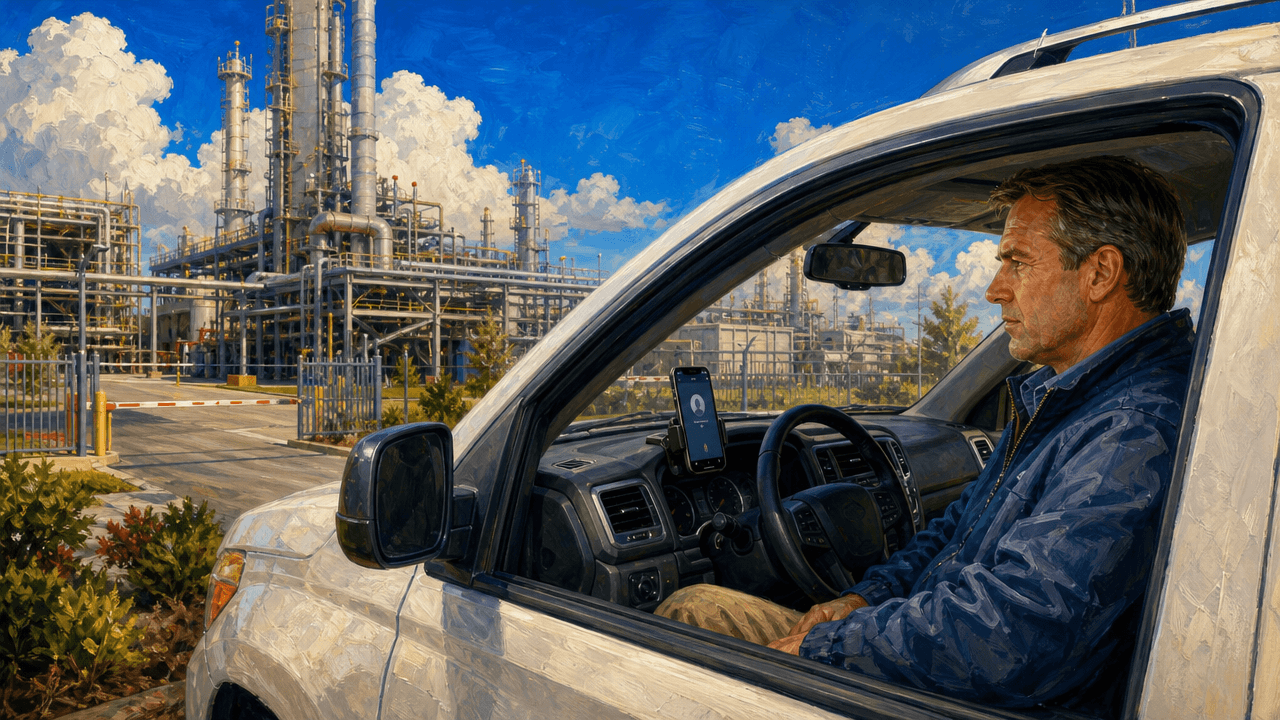 An industrial field sales rep sitting in a parked pickup truck outside a plant, phone resting in a dashboard cradle, listening to a briefing before walking in, vivid cobalt sky above