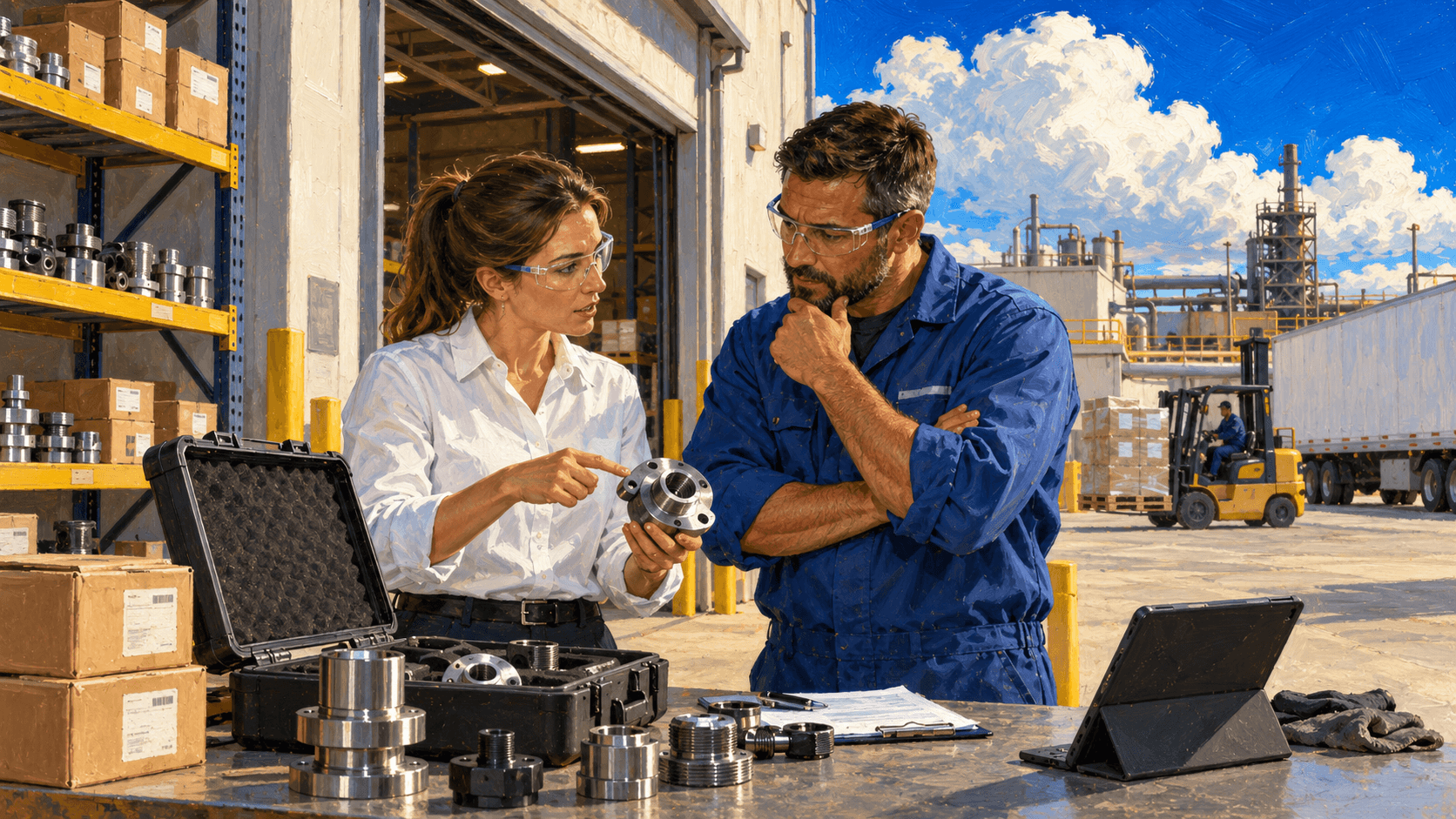 An industrial distributor sales rep and plant technician examine a hydraulic component at a loading bay.