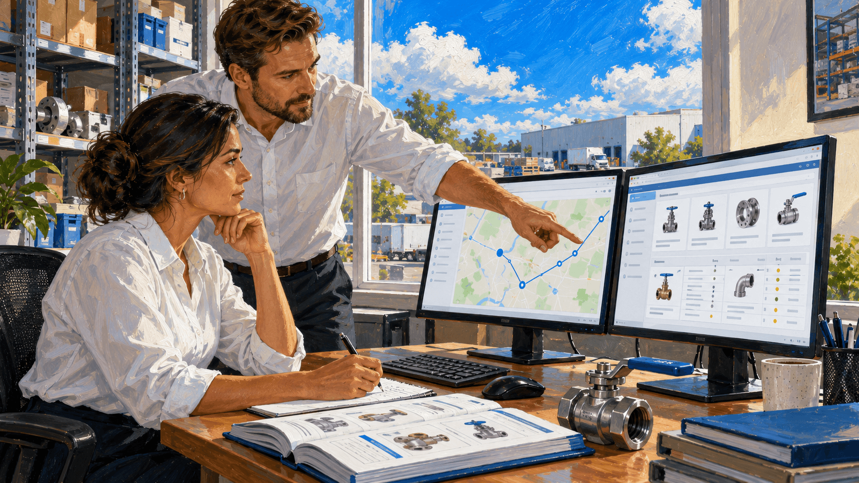 Two distribution sales colleagues compare territory mapping and a parts catalog on office monitors.