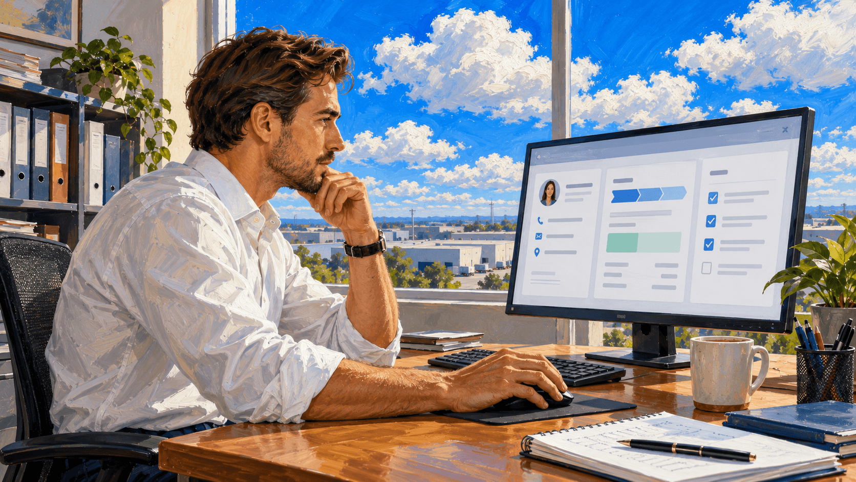 A sales operations colleague reviews organized customer, opportunity and follow-up records on a monitor.