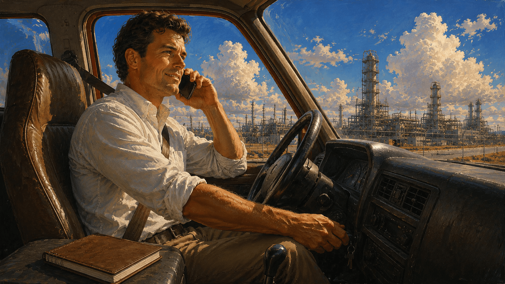 Field sales rep ending a phone call in a truck cab, notepad closed, ready to drive to the next stop