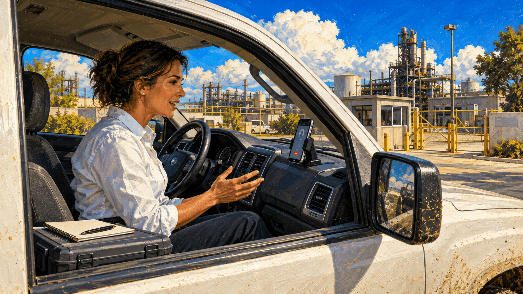 A field sales rep recaps a plant visit by hands-free phone call from a parked pickup.