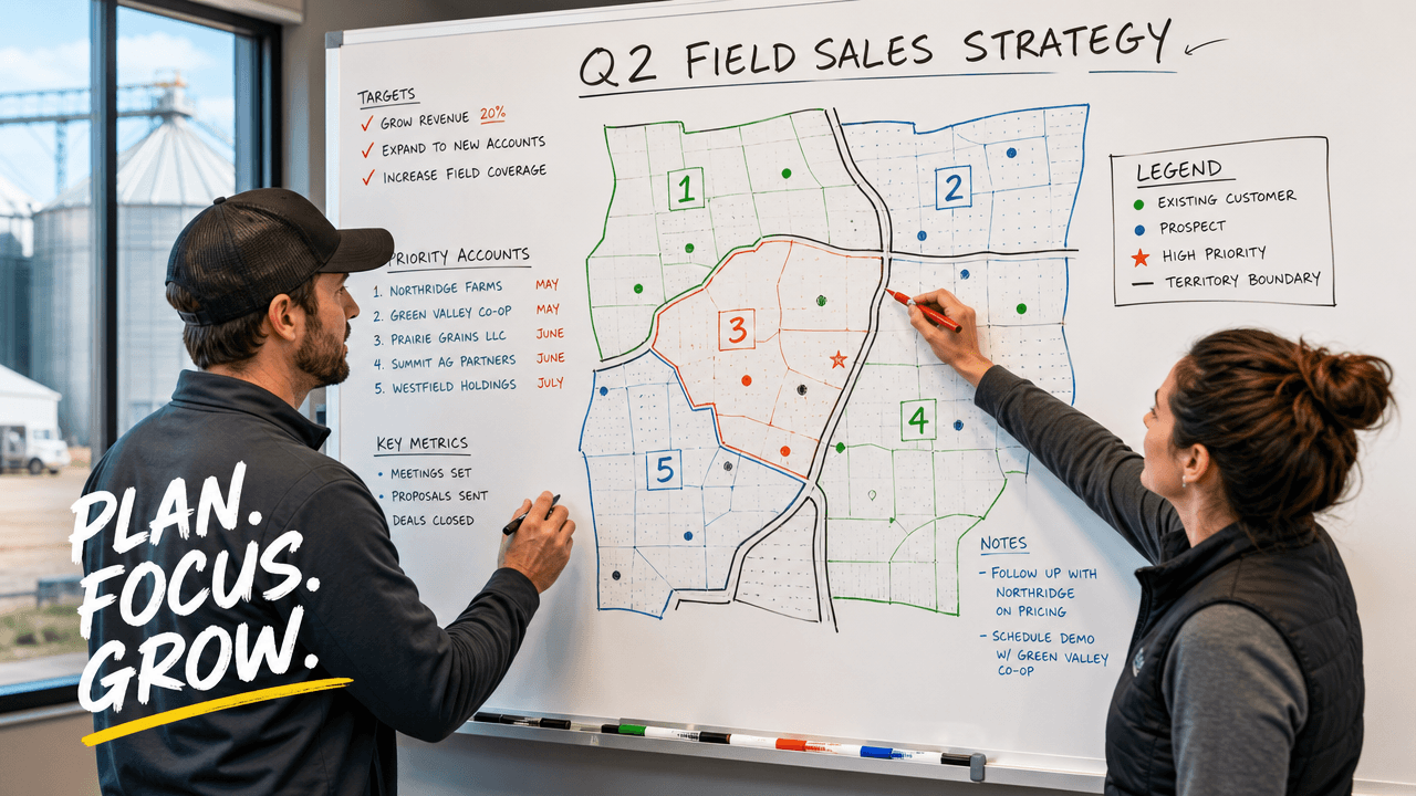 Two sales operations colleagues at a whiteboard in a plain office sketching a simple account hierarchy of boxes and arrows, working through it together in bright daylight