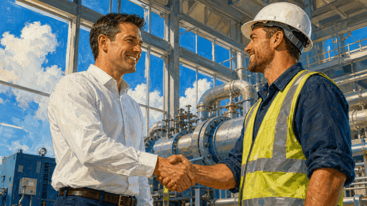 Field sales rep shaking hands with an industrial buyer in a hard hat on a plant floor