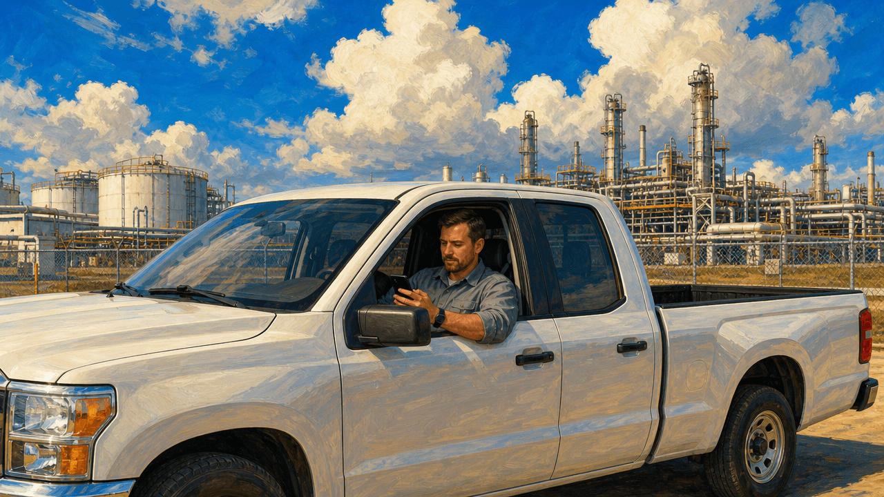 Field sales rep in a parked pickup truck in an industrial plant parking lot reviewing notes on his phone before a visit