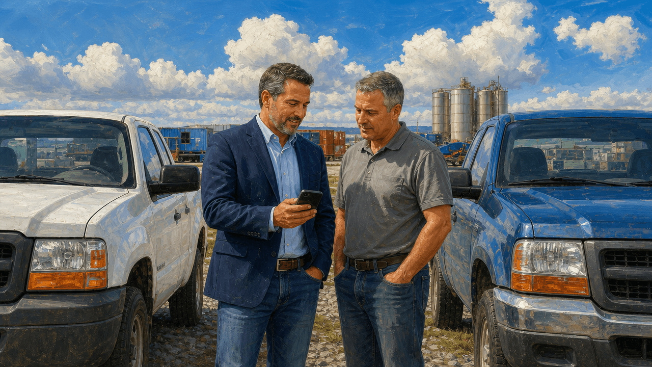 Two industrial sales reps standing between their pickup trucks in a branch yard comparing notes, one holding a phone, both relaxed in bright afternoon light