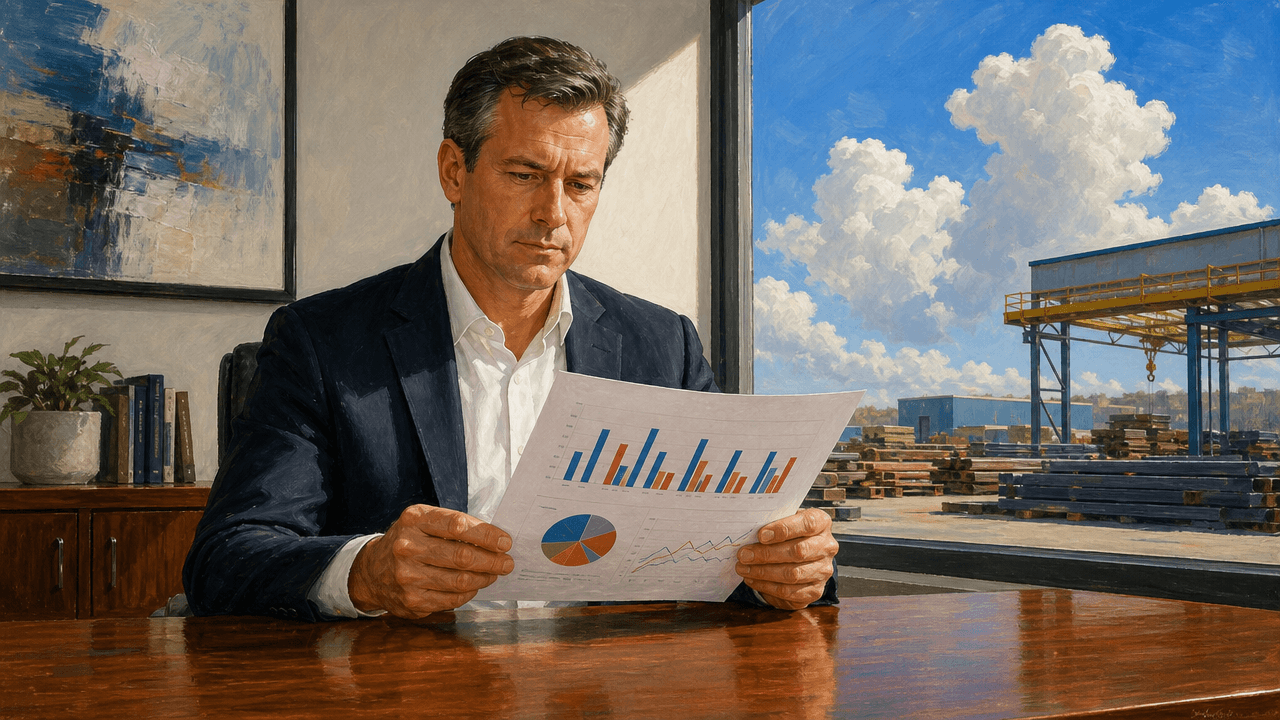 A regional sales director in a plain office reading a printed branch performance report at a desk, considered expression, bright sky and an industrial yard visible through the window