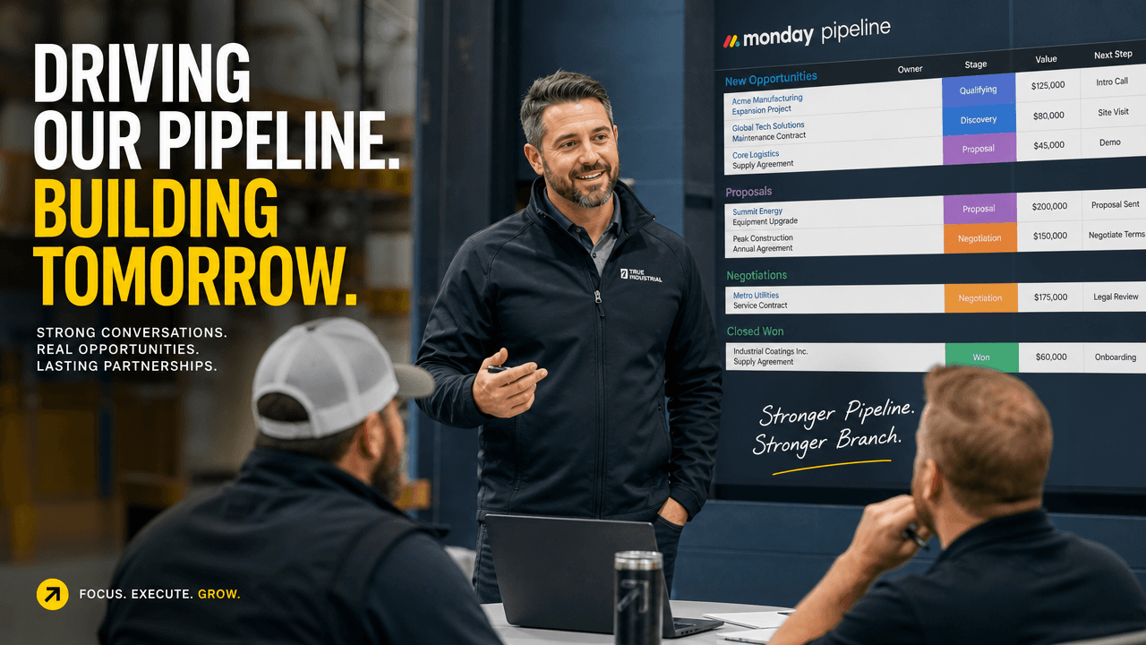 A branch sales manager standing at the head of a plain meeting room table presenting to two regional colleagues, a printed pipeline sheet in hand, composed and serious, bright window behind
