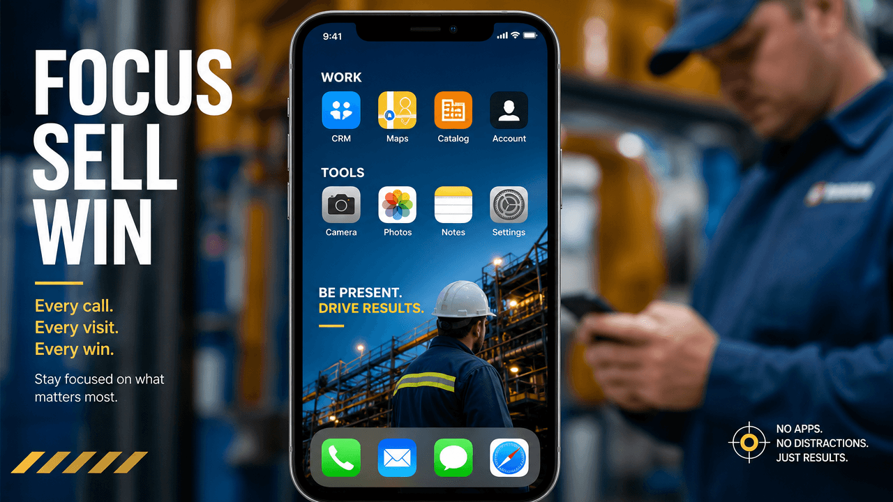 A close view over an industrial field rep's shoulder as he holds his phone in a truck cab, home screen crowded with app icons, thumb hovering, plant visible through the windscreen