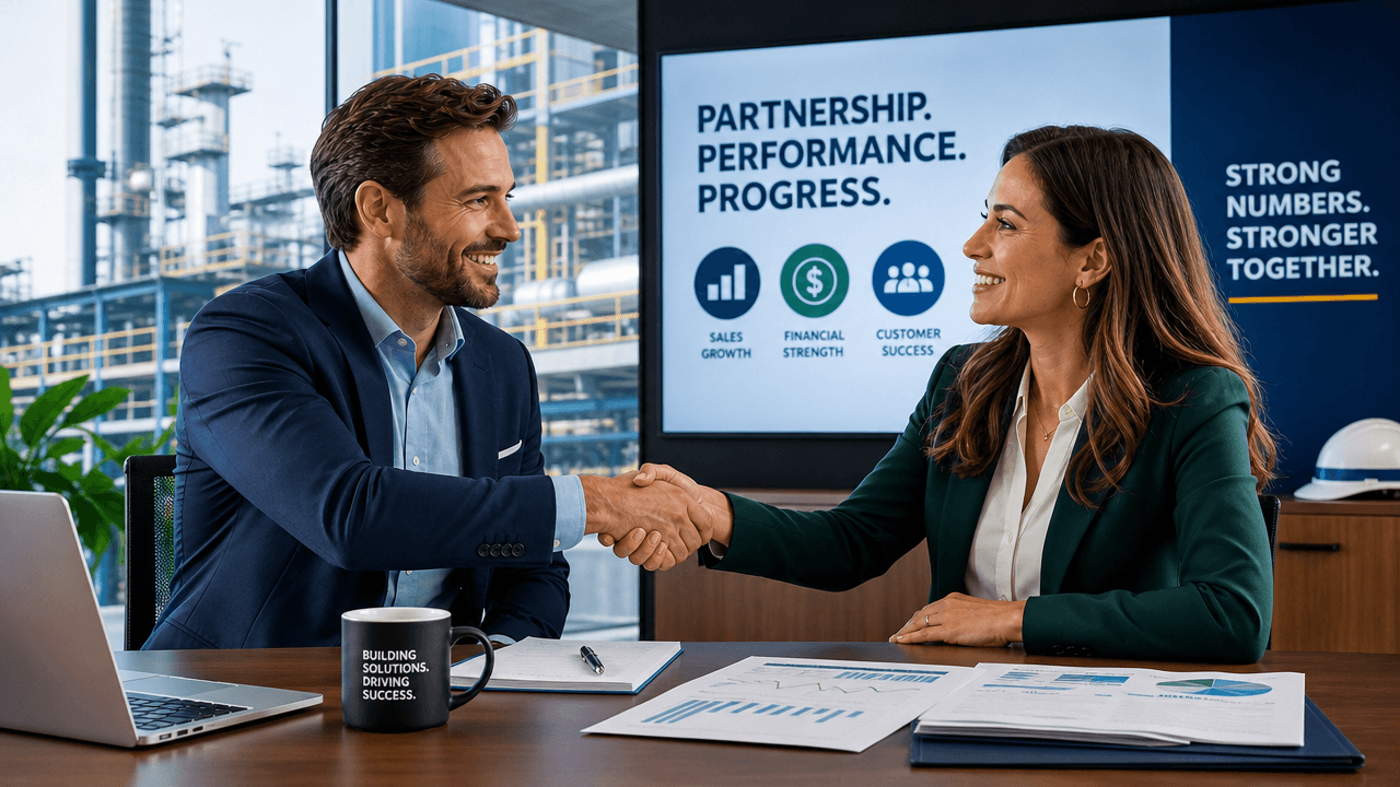 A sales leader and a finance colleague sitting at a desk, one hand resting on a printed contract, both nodding in agreement in a calm bright office