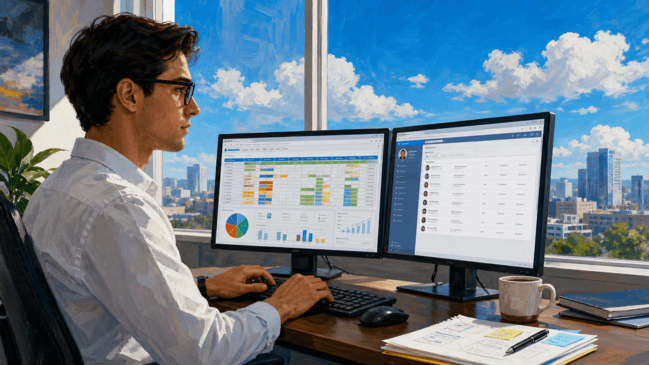A sales operations analyst at a desk with two monitors showing a spreadsheet and a customer record side by side, a mug and printed notes nearby, bright sky through the window