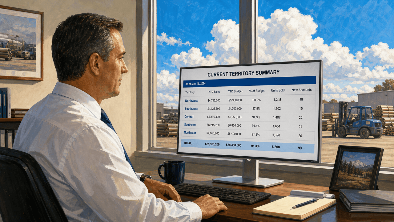 A branch sales manager at a desk reading an up-to-date territory summary on a monitor, calm and unhurried, bright window with an industrial yard beyond