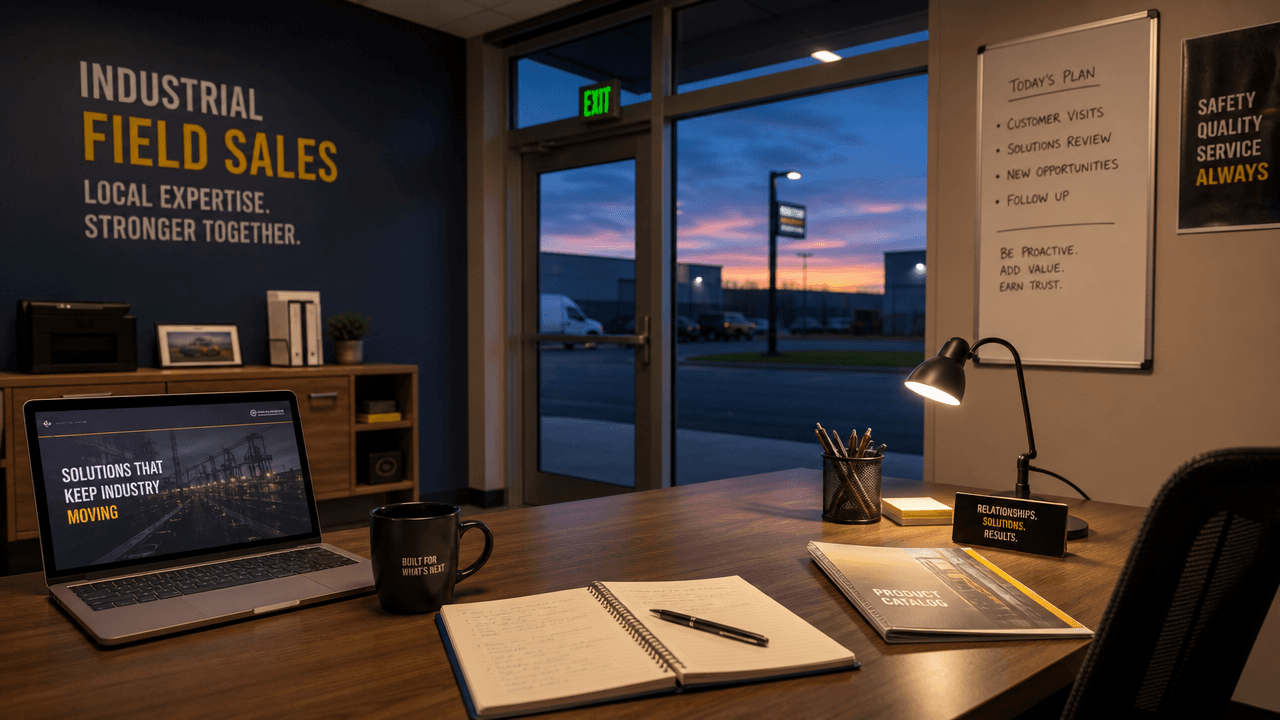 A tidy branch sales office at the end of the day, empty chairs and one closed laptop, low warm light through a window with a bright sky beyond