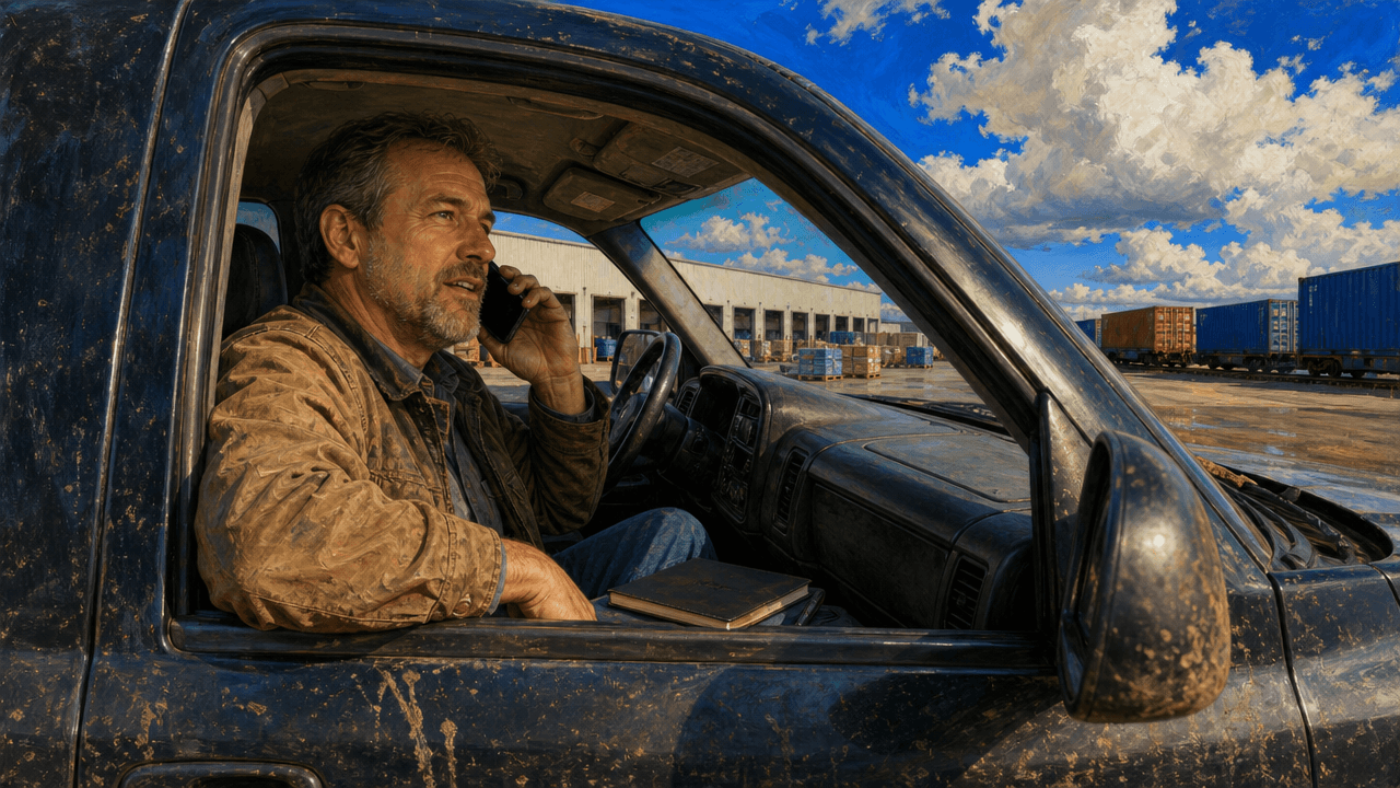 An industrial field sales rep sitting in a parked pickup outside a distribution warehouse, talking mid-sentence into his phone, a closed notebook on the passenger seat