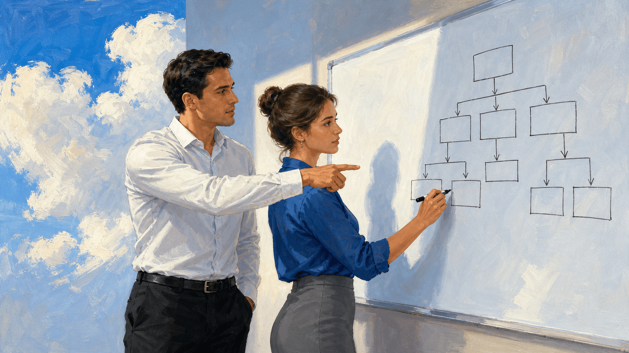 Two sales operations colleagues at a whiteboard in a plain office sketching a simple account hierarchy of boxes and arrows, working through it together in bright daylight