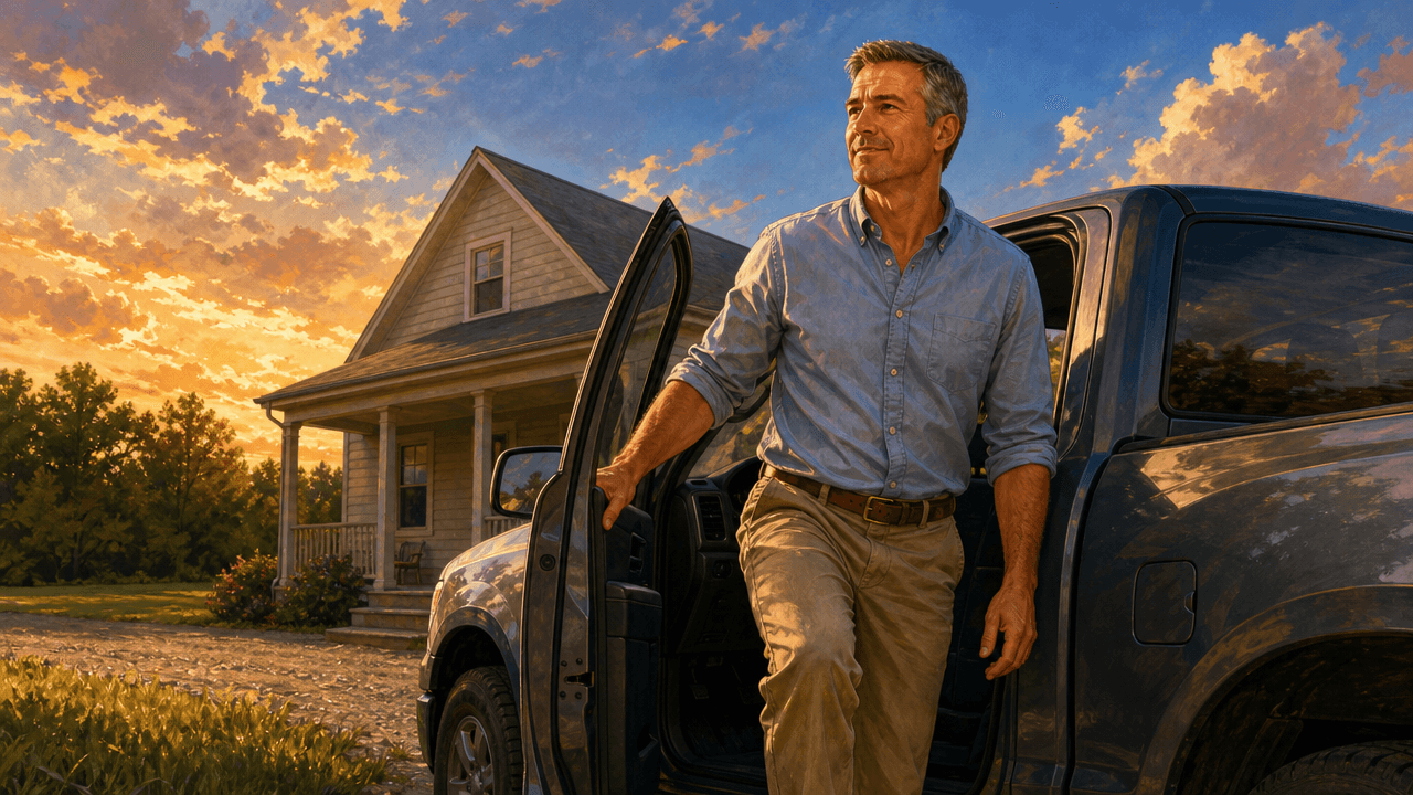 A field sales rep stepping down from his pickup truck outside a modest house at dusk with no laptop bag in hand, relaxed posture, warm evening sky