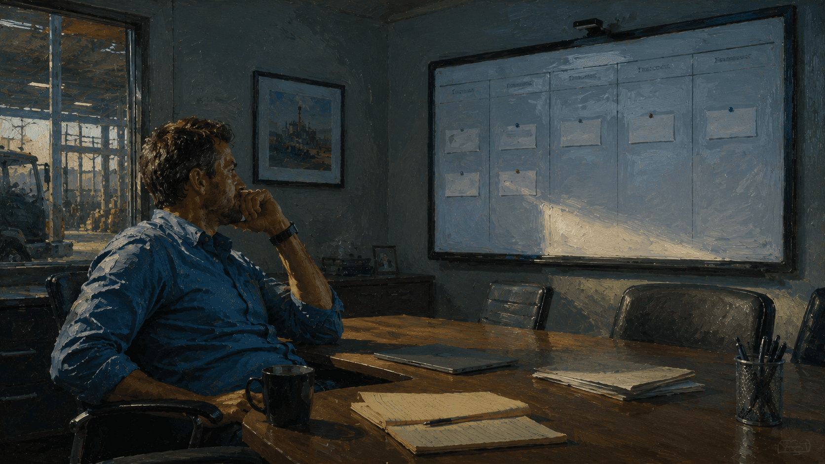 Sales manager alone in a meeting room looking at a pipeline board with sparse and outdated deal records