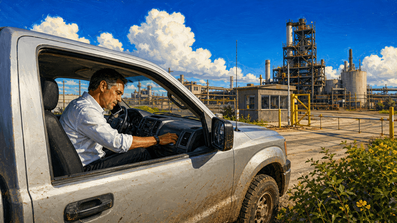 An industrial field sales rep in a parked pickup truck outside a plant gate, speaking into a phone in a dashboard cradle, an unopened notebook on the seat, vivid cobalt sky above