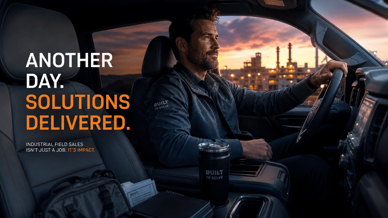 A field sales rep stepping down from his pickup truck outside a modest house at dusk with no laptop bag in hand, relaxed posture, warm evening sky