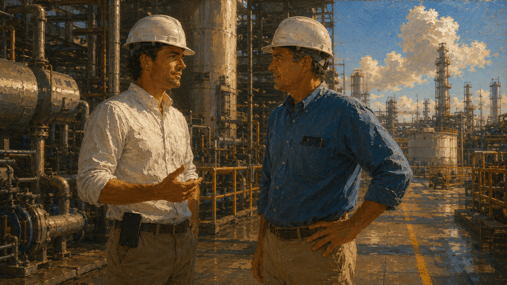 Sales rep and buyer in hard hats talking on a plant floor with no recording device or laptop in sight