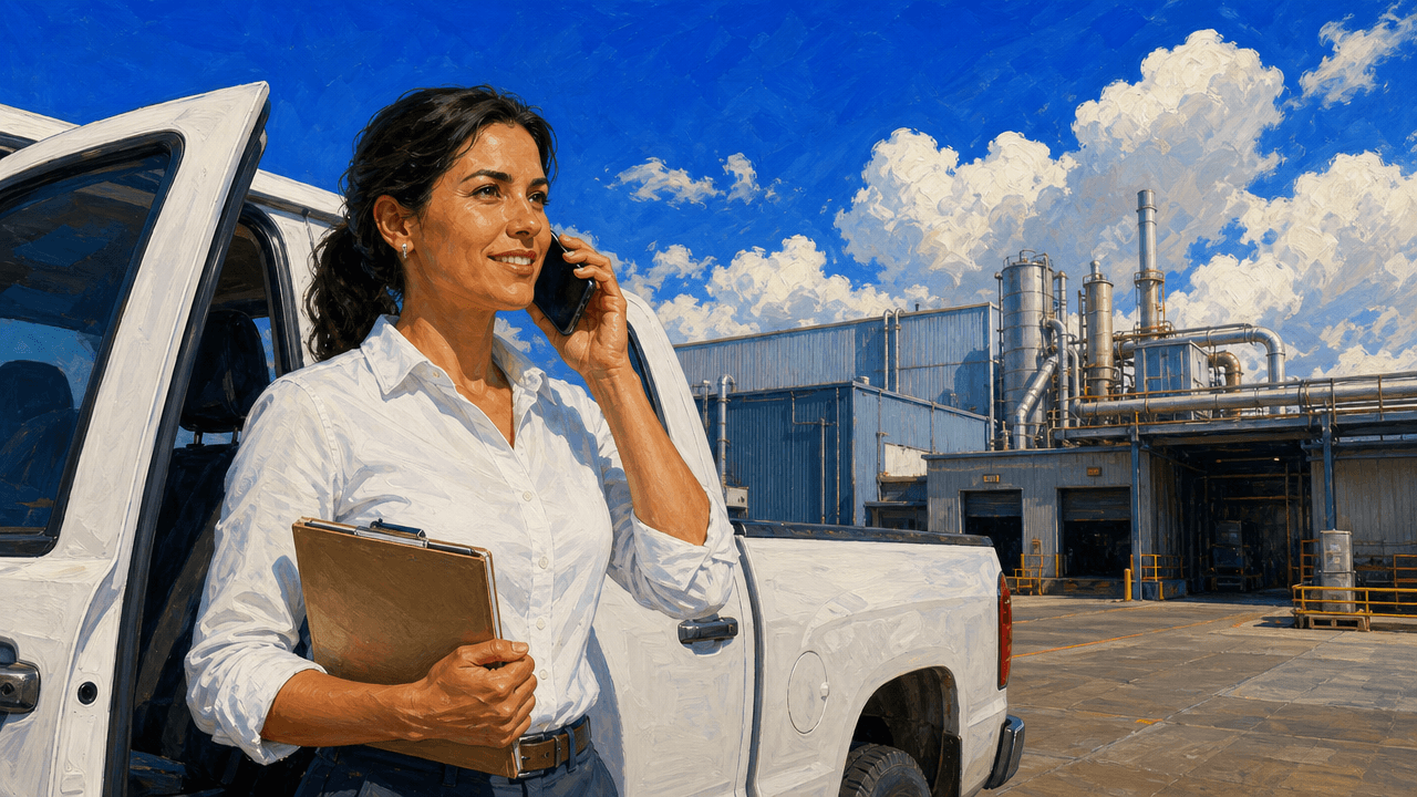 A field sales rep standing beside her pickup truck in a plant parking area, making a quick friendly follow-up phone call, a clipboard under her arm, an industrial manufacturing plant behind her