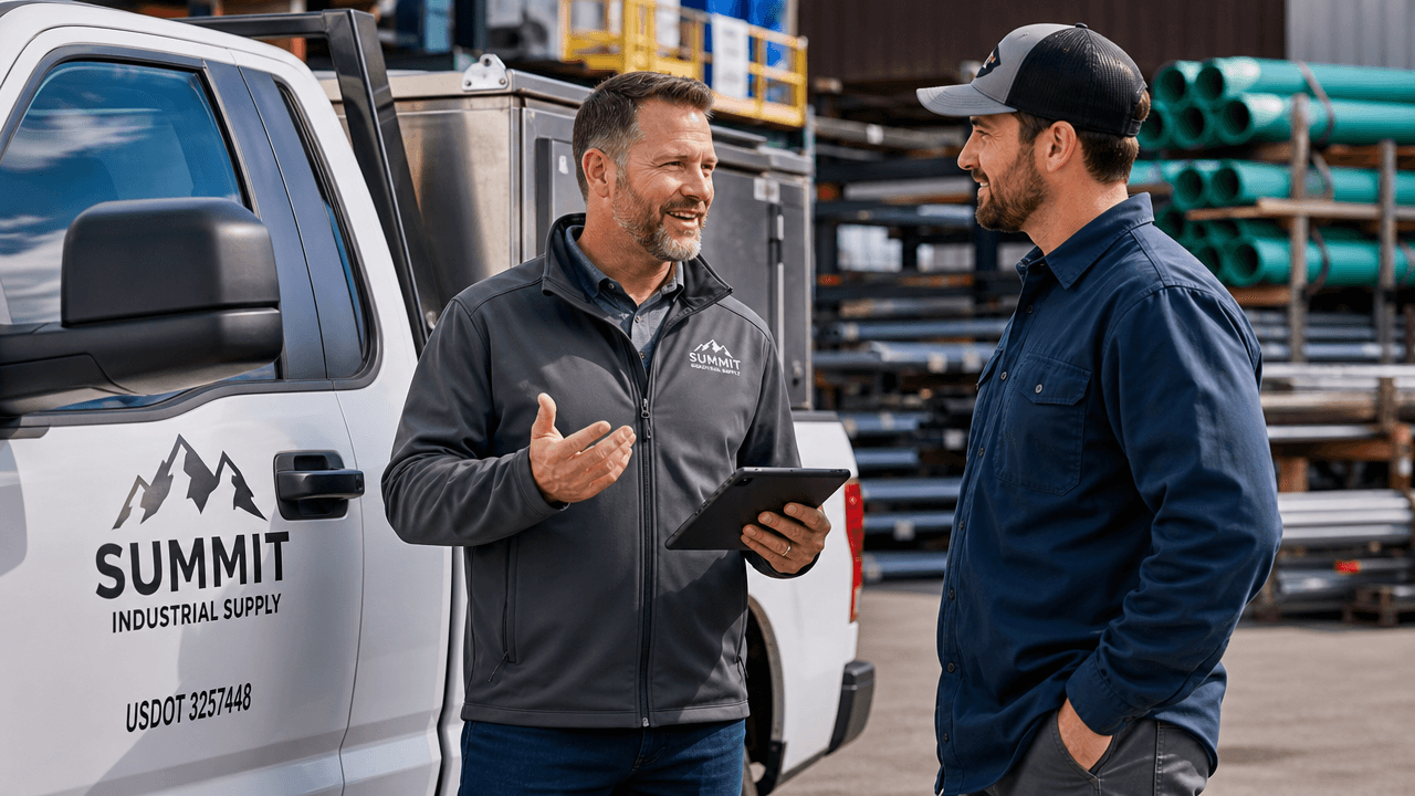 A branch sales manager and a field rep standing beside a parked pickup in a distribution yard, talking easily with coffee cups in hand, stacked pallets and a warehouse behind them