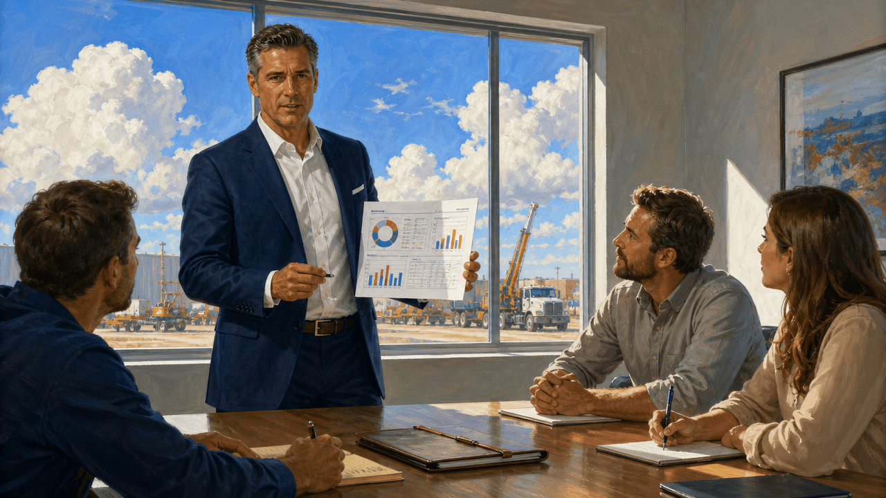 A branch sales manager standing at the head of a plain meeting room table presenting to two regional colleagues, a printed pipeline sheet in hand, composed and serious, bright window behind