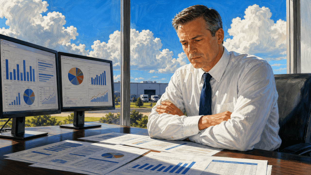 A branch sales manager at a plain office desk with two monitors and printed reports, arms folded in thought, a bright sky and yard visible through the window behind