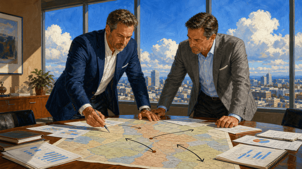 Two sales leaders at a large table with a regional paper map and printed sheets planning branch coverage, one pointing at the map in bright daylight