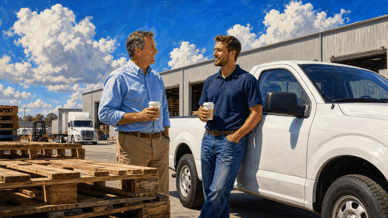 A branch sales manager and a field rep standing beside a parked pickup in a distribution yard, talking easily with coffee cups in hand, stacked pallets and a warehouse behind them