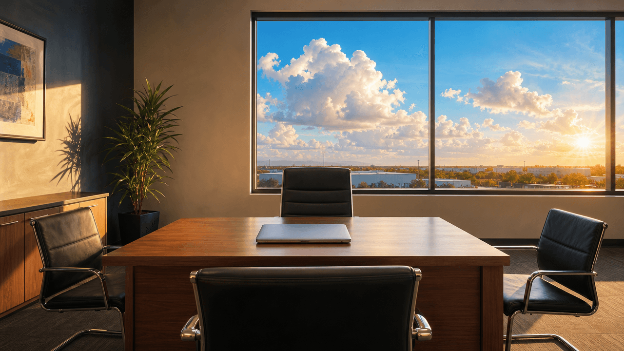 A tidy branch sales office at the end of the day, empty chairs and one closed laptop, low warm light through a window with a bright sky beyond