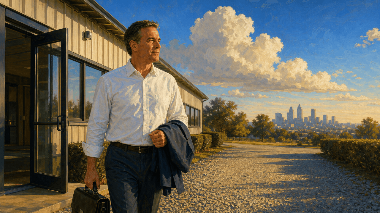 A branch sales manager walking out of a low industrial office building into a bright yard in early evening light, jacket over one arm, unhurried
