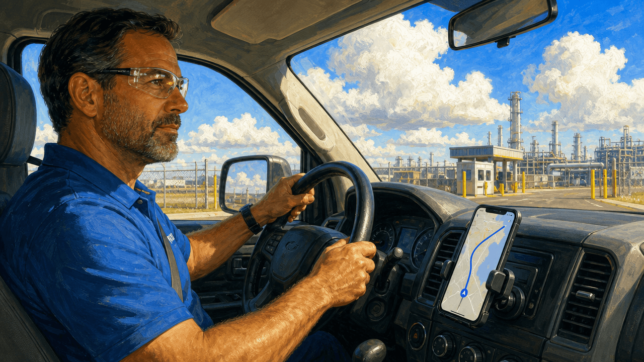 An industrial field sales rep sitting in a pickup truck cab with his phone in a dashboard cradle on speaker, both hands on the wheel, a plant gate ahead through the windscreen in bright daylight