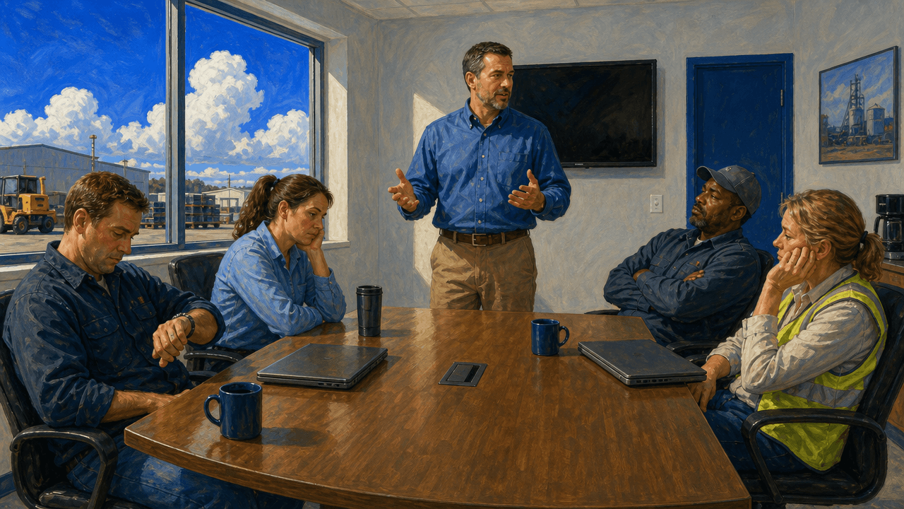 Four tired industrial field sales reps seated around a table in a branch meeting room while a manager stands and talks, the dull weight of a weekly status meeting