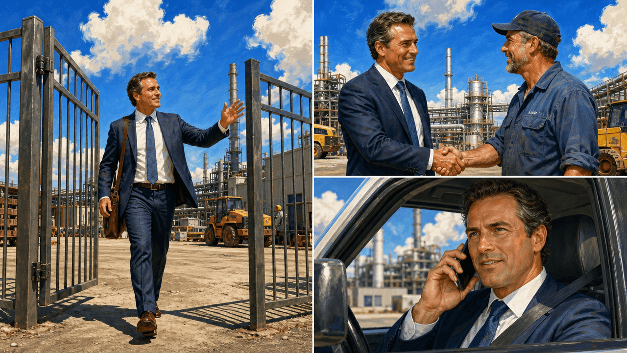 A three-part sequence of the same field rep: arriving at a plant gate, shaking hands with a maintenance manager on the shop floor, then speaking into his phone back in the truck