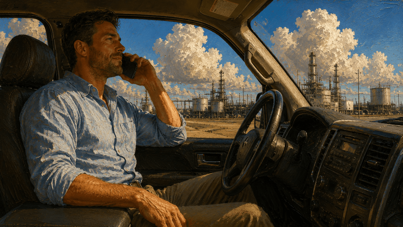 Field sales rep speaking into a phone in a parked work truck with plant buildings visible through the windshield