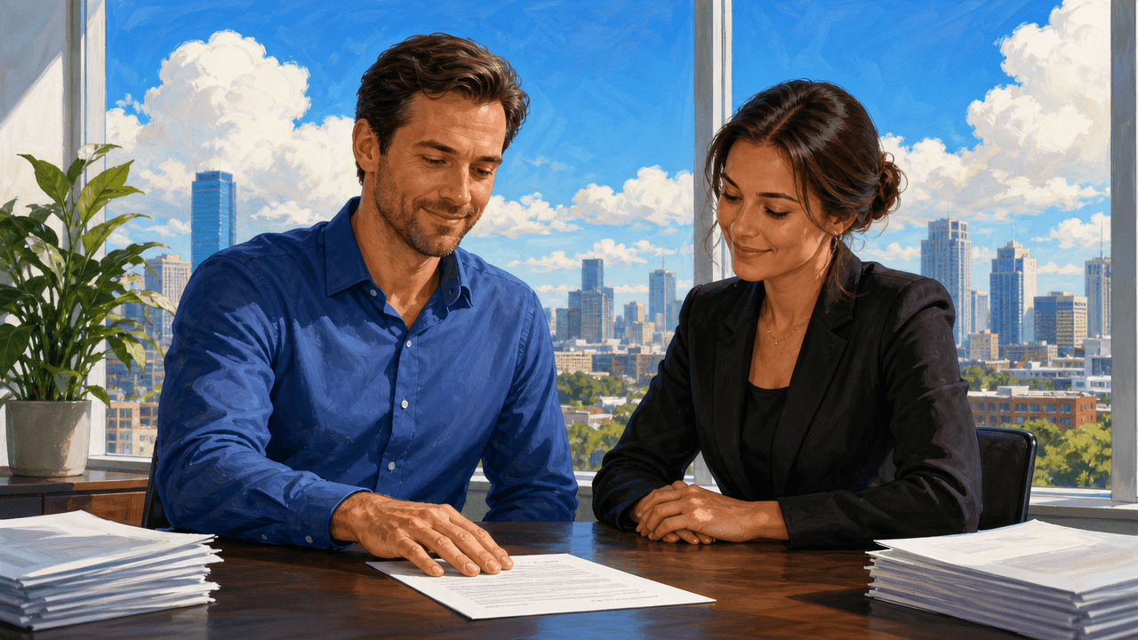 A sales leader and a finance colleague sitting at a desk, one hand resting on a printed contract, both nodding in agreement in a calm bright office