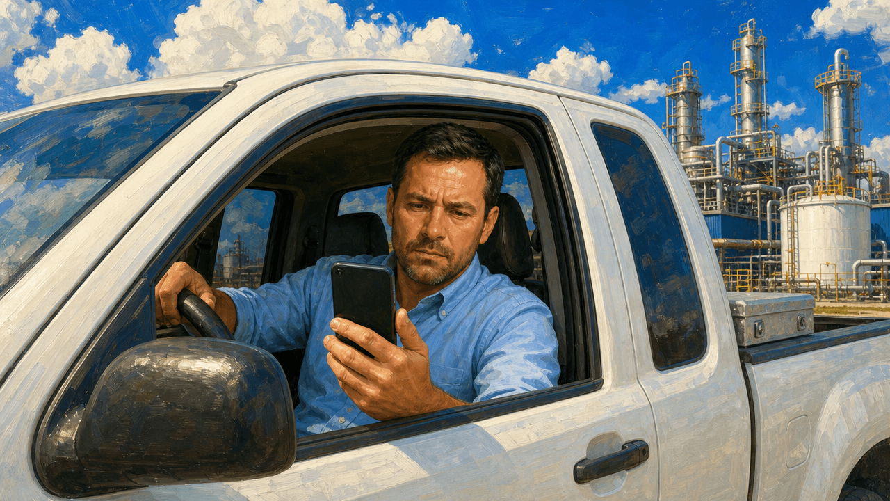 An industrial field sales rep sitting in a white pickup truck outside a plant, looking at his phone with a concerned expression as he reviews a quote that has been waiting too long