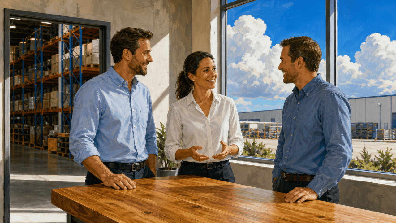 Three industrial sales staff standing around a desk in a warehouse office during a short briefing, relaxed and attentive, natural light with racking visible through a doorway