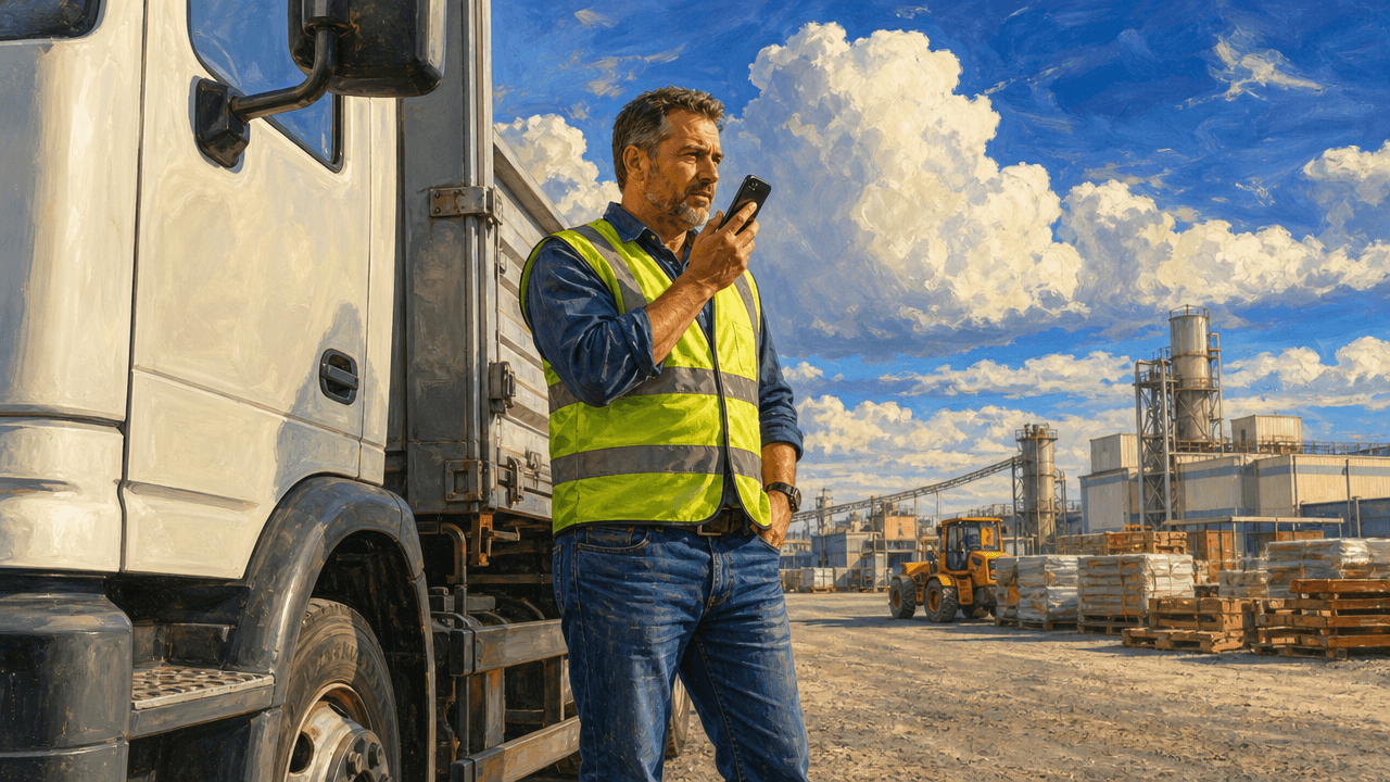 A field sales rep in a high-visibility vest standing beside his truck outside an industrial plant, speaking into a phone held close to his mouth, machinery and stacked pallets behind him