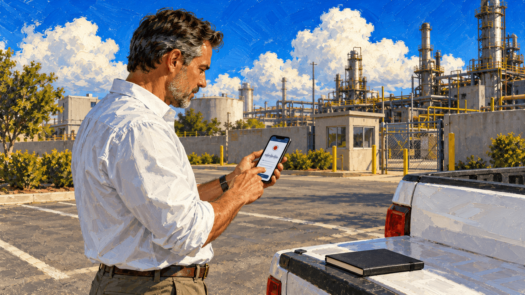 A stationary field sales rep reviews a voice-note recording on a phone beside a parked work vehicle.