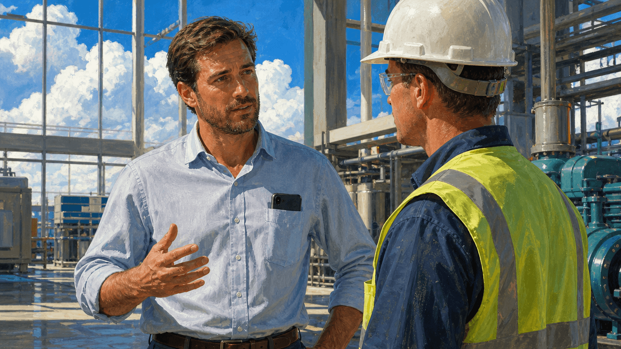 Field sales rep talking with a buyer on a plant floor with his phone in his pocket and no recording device