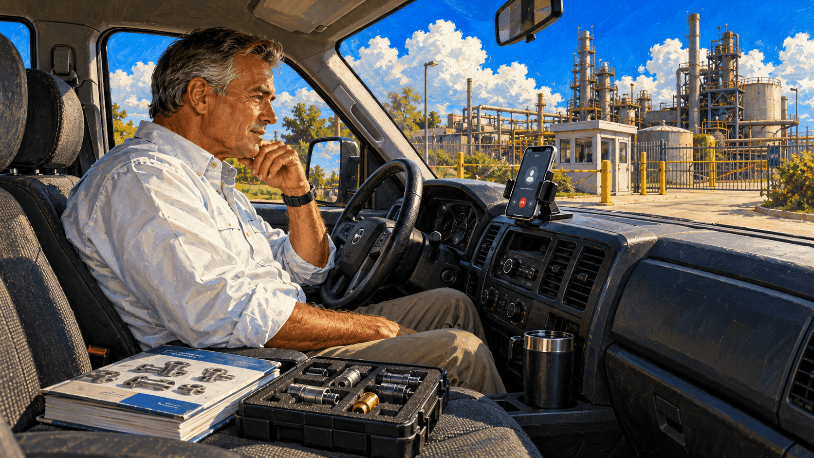 A distributor sales rep listens to a phone briefing in a parked pickup before entering a customer plant.