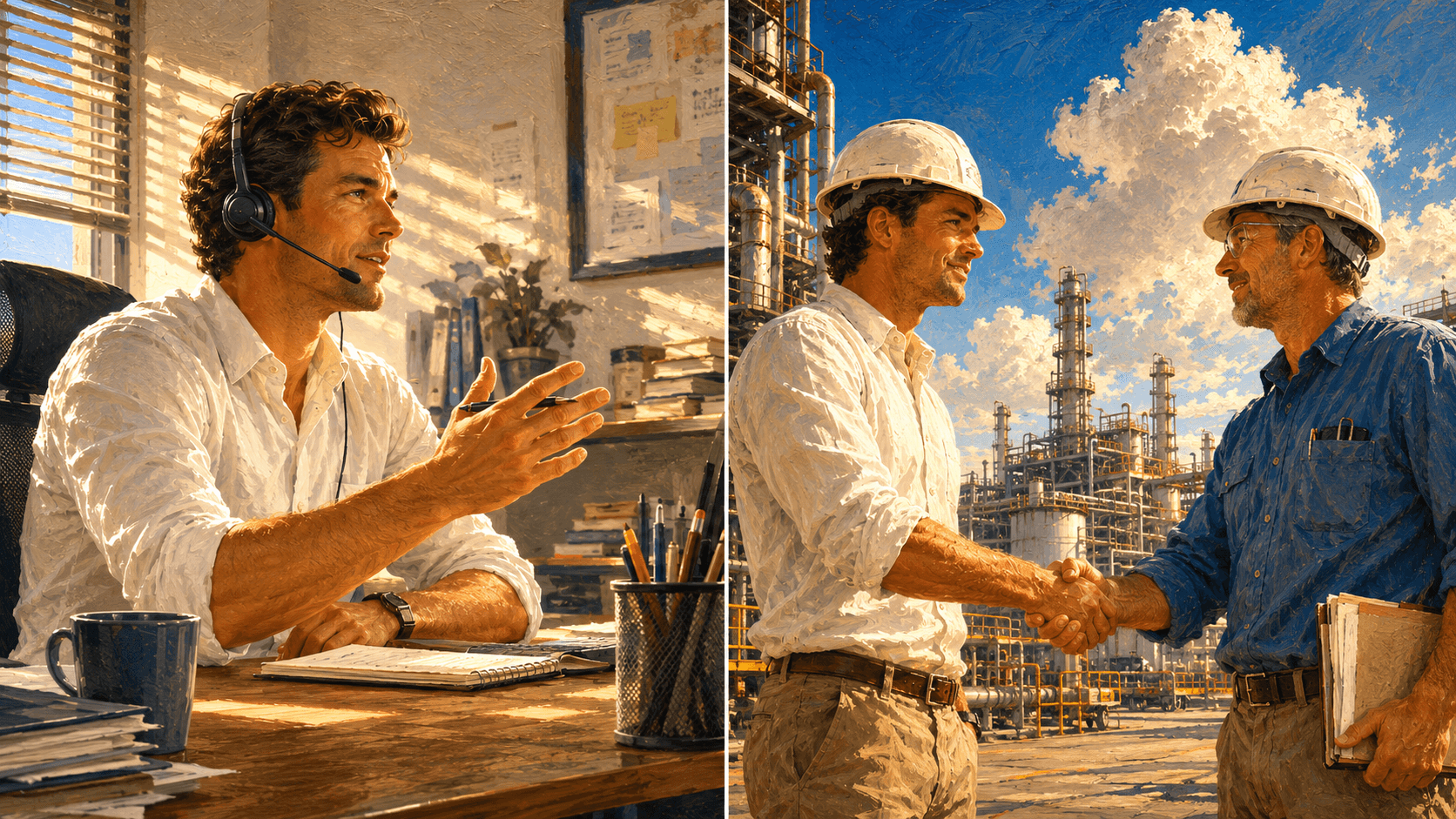 Split image of an inside sales rep on a video call at a desk and a field rep shaking hands on a plant floor