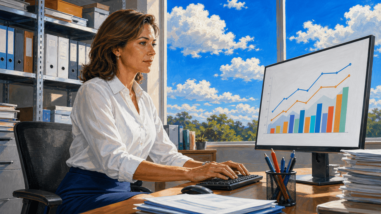 A tidy branch sales operations desk with a single monitor showing a simple chart, organised shelves alongside, bright cobalt sky and cumulus clouds through the window
