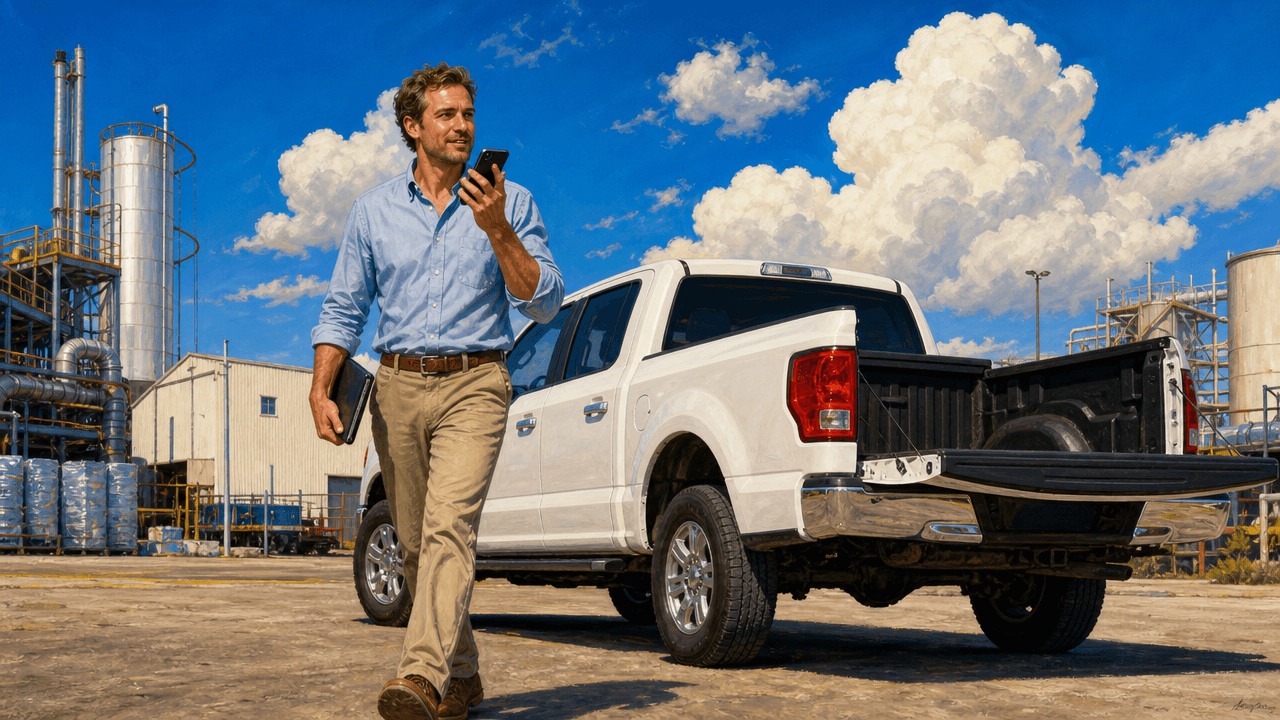 Field sales rep walking back to his pickup truck after a visit while speaking a short voice debrief into his phone