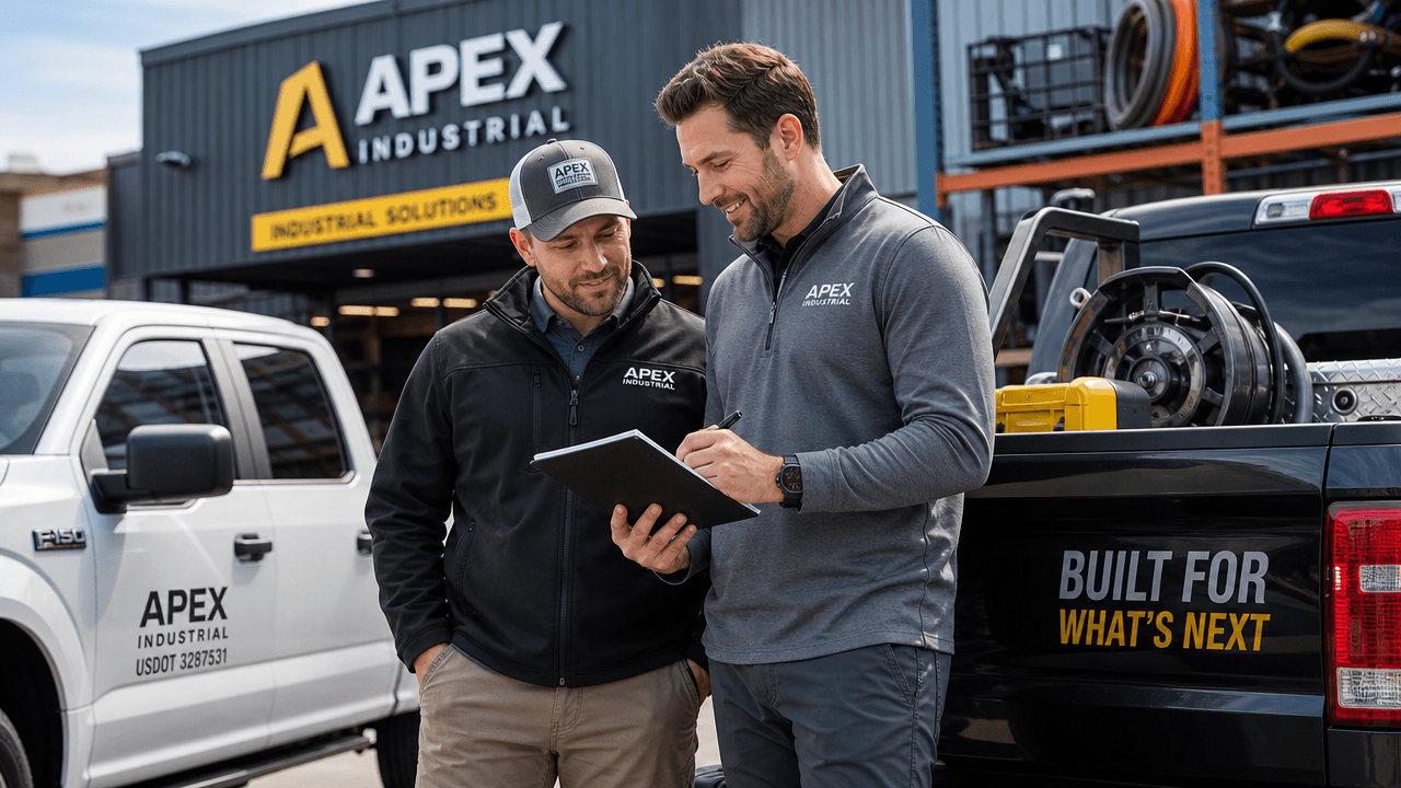 Two industrial sales reps standing between their pickup trucks in a branch yard comparing notes, one holding a phone, both relaxed in bright afternoon light
