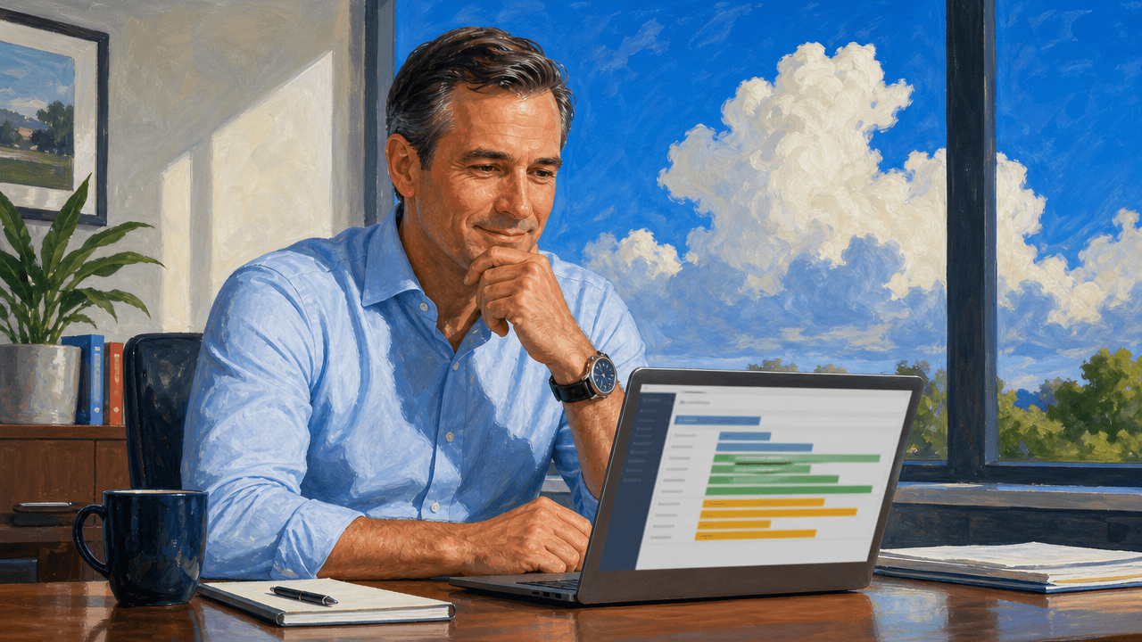 Sales manager at a desk viewing an up-to-date pipeline dashboard without chasing reps